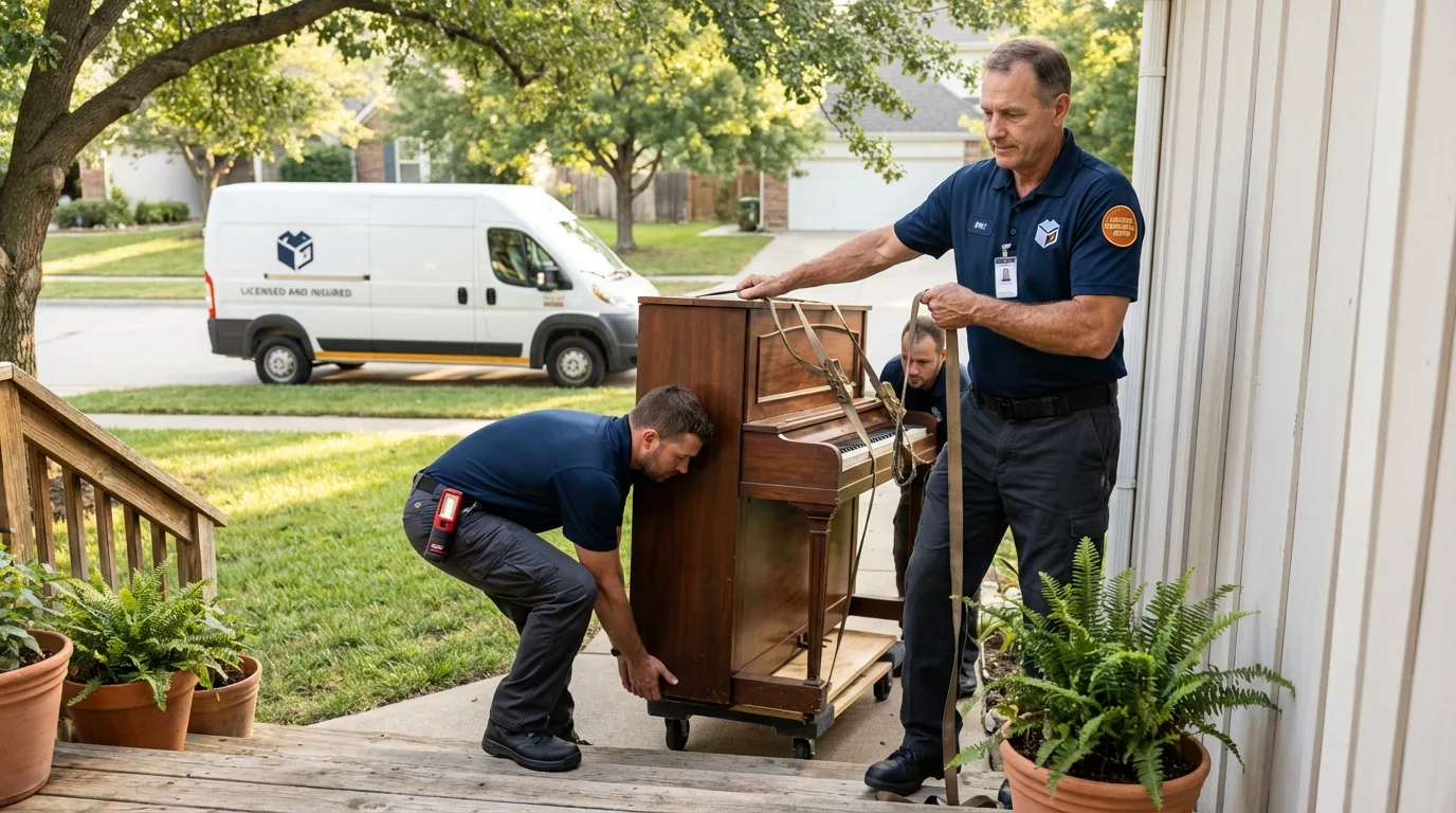 Licensed piano movers securing grand piano in Holderness, NH