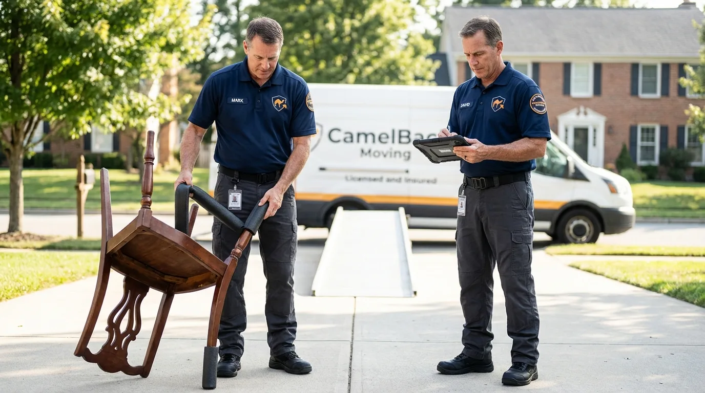 Movers inspecting furniture for damage prevention before loading in Holderness, NH